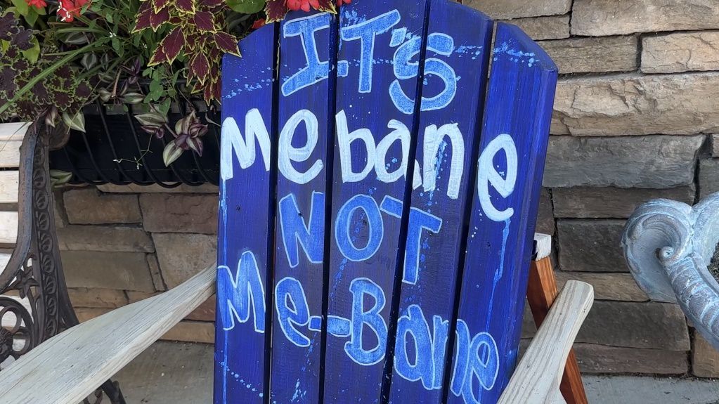 Chair with art describing how to say the word "Mebane"